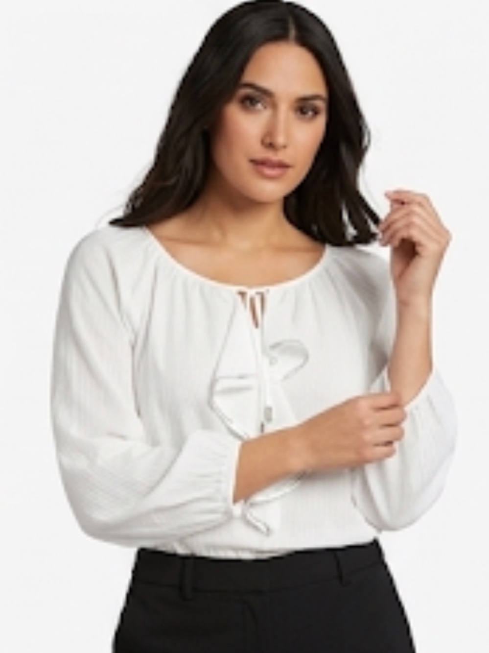 White House Black Market white ruffle front silver accents tide blouse size XS